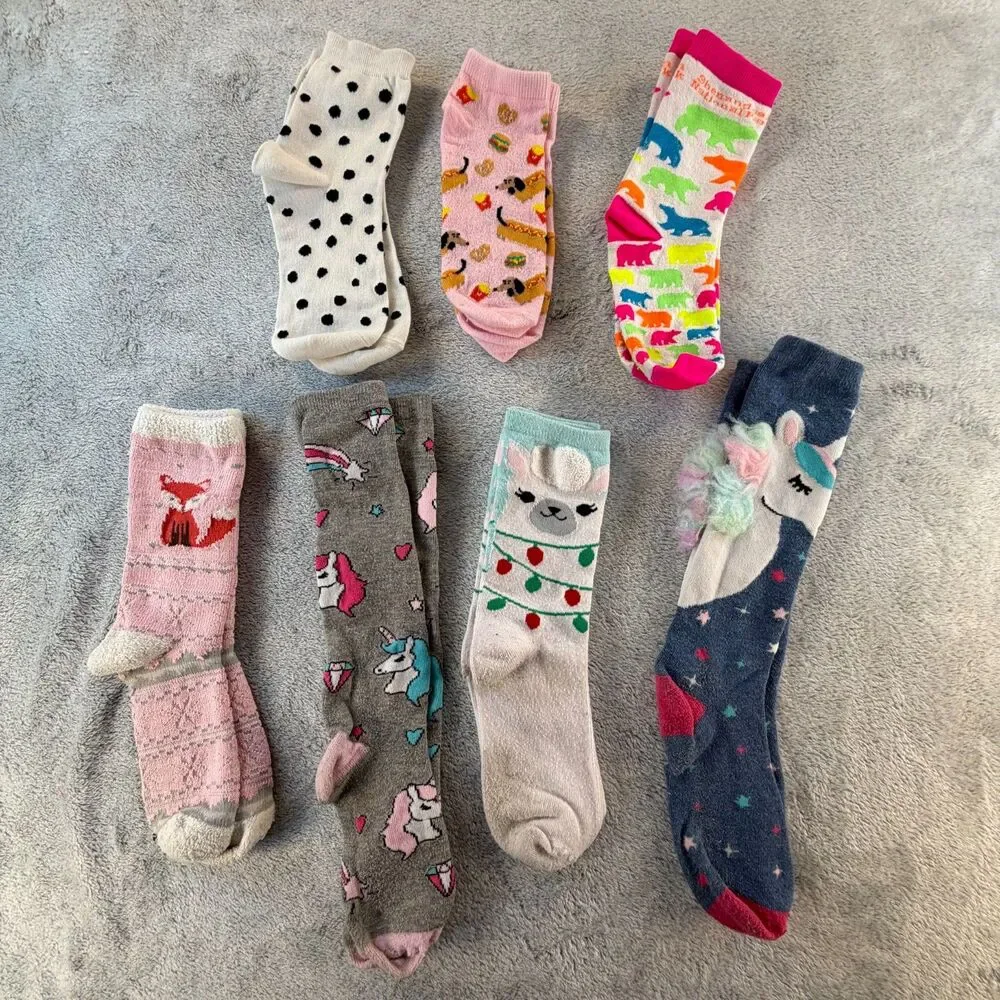 Girls Novelty Sock Lot 7 Pairs Unicorn Llama Fox Knee High Crew Cute Mixed